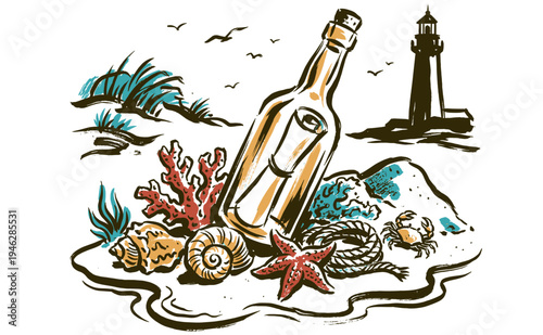 Ocean secret club. Nautical vintage design. Message in a bottle artwork. Coastline adventure print for t-shirt, poster, sticker, and travel decor.