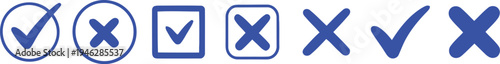 Blue checkmarks and x marks arranged in a row with circles and squares