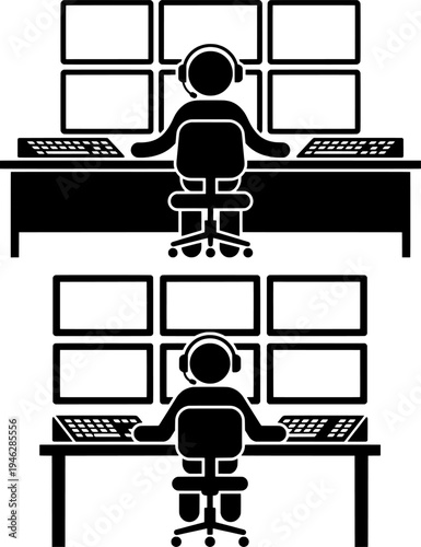 Call Center Agent and Dispatcher Workstation Vector Icon Set