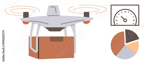 Logistics, innovation, parcel delivery, business analytics, technology trends, transportation. quadcopter carrying a package, gauge measuring speed and pie chart for analytics. Logistics
