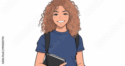A young person stands in a bright setting, smiling and holding a notebook. They have curly hair and casual clothing.