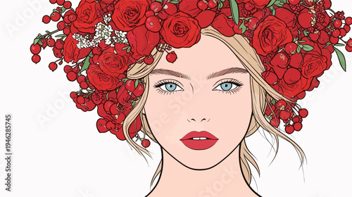 A woman stands with a large arrangement of red flowers on her head. Her hair is light and her lips are bright.