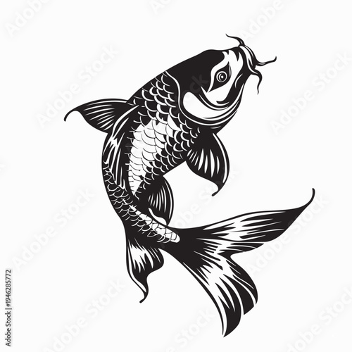 Traditional Oriental Koi Fish Monochrome Graphic Vector Art
