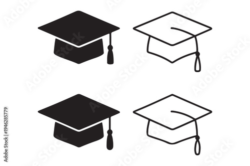 Four graduation cap icons in black and white varying in style