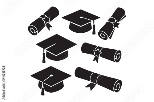Black and white silhouettes of graduation caps and rolled diplomas