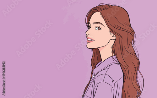 A woman with long hair smiles while standing against a bright pink background. She is wearing a light shirt and looks happy.