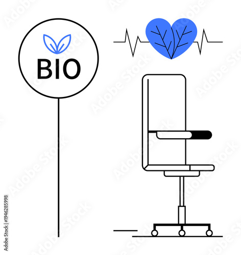 Sustainability, eco-friendly living, workplace health, organic design, environmental care, ergonomic furniture. Bio symbol, office chair heart with eco theme. Sustainability and eco-friendly living
