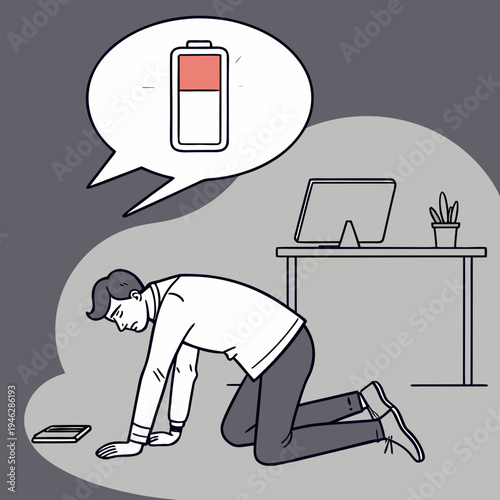 Exhausted businessman crawling on the floor with a low battery icon above his head illustrates burnout and fatigue.