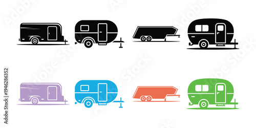 Colorful camper trailer in various colors and styles