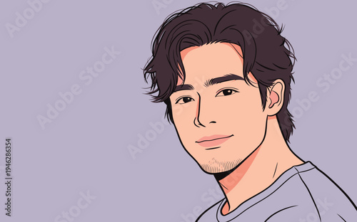 Man with dark hair smiles at the viewer. Background is a light color. The style is graphic and simple.