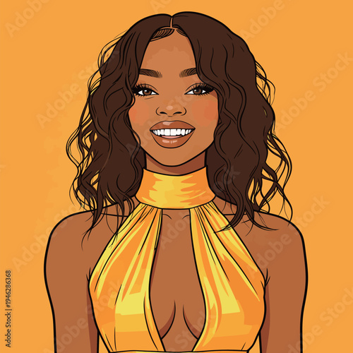 A woman smiles while wearing a yellow outfit. The background is a similar bright color, highlighting her joy and style.