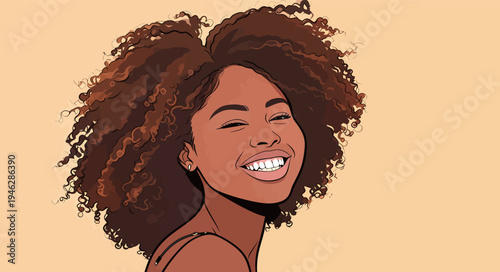 A young woman with curly hair smiles broadly while turning her head to one side. She has a cheerful expression and appears happy.