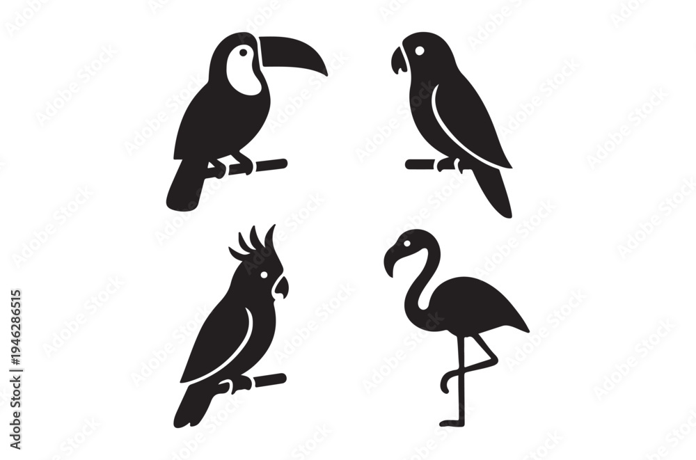 Naklejka premium Silhouettes of four tropical birds toucan parrot cockatoo and flamingo