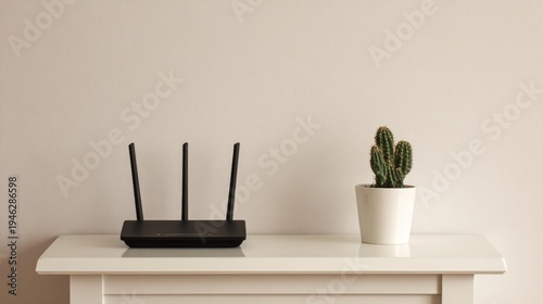 Black wireless router and potted cactus on a white table against beige wall