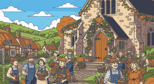 Pixel art illustration of people in overalls gathered outside a decorated stone church with a brown door and green vines on a sunny day in a rural village.