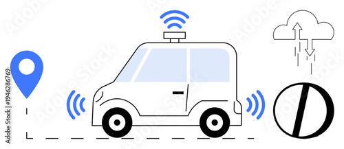 Autonomous vehicle concept. Autonomous technology with GPS, wireless signals, and cloud features. Autonomous solutions for transportation, connectivity, smart tech, and innovation
