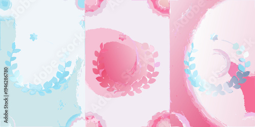 Abstract watercolor painting featuring floral and leafy designs in pink hues