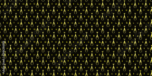 A dense pattern of golden teardrop shaped figures on a black background