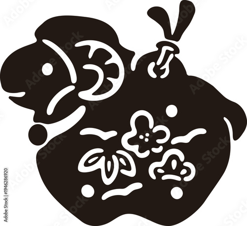 年賀2027　未年の羊のシルエット土鈴イラスト素材。飾り、版画、切り絵、2027年年賀状素材