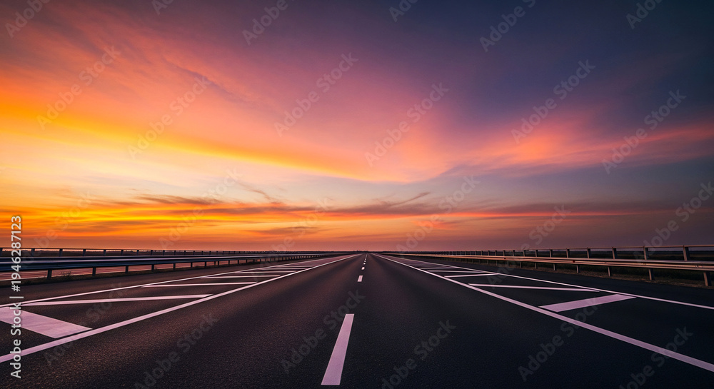 Obraz premium Long open highway vanishing into a radiant sunset horizon