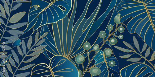 Elegant tropical leaves with gold accents on a dark blue background