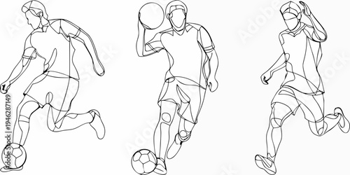 Sketch of three soccer players in dynamic action poses with a ball