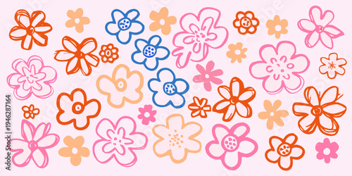 Colorful hand drawn flowers scattered across a pink background