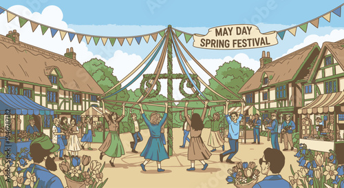 Illustration of people celebrating May Day Spring Festival with a maypole dance in a traditional English village setting with colorful buildings and bunting.