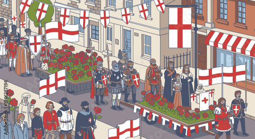 Illustration of a lively street scene with people celebrating, waving England flags and bunting in a festive atmosphere with buildings and flower planters.