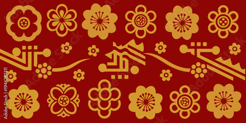 Golden floral and architectural motifs on a rich red background