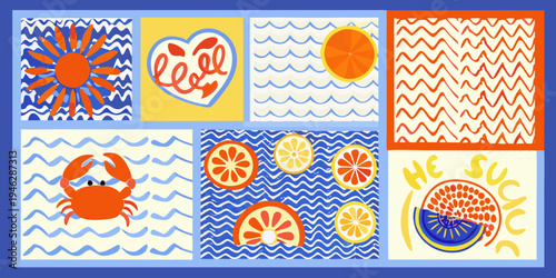 Colorful collage featuring summer icons like crabs citrus and playful patterns