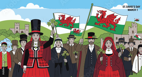 Illustration of people in traditional Welsh attire celebrating St David's Day with flags and costumes in a scenic landscape with castles.