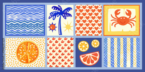 Colorful grid of illustrated panels featuring summer and marine life motifs