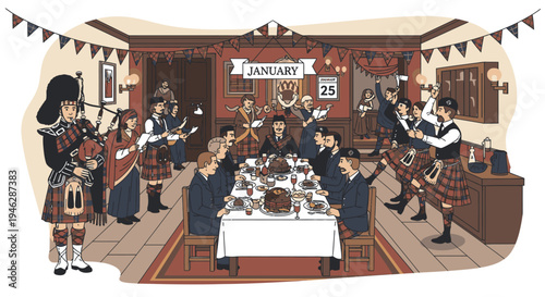 Illustration of a group of people in kilts celebrating with bagpipes and food at a long table in a traditional Scottish setting.