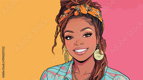 A woman with long hair and a headscarf smiles while wearing bright clothing. The background features two vibrant colors.