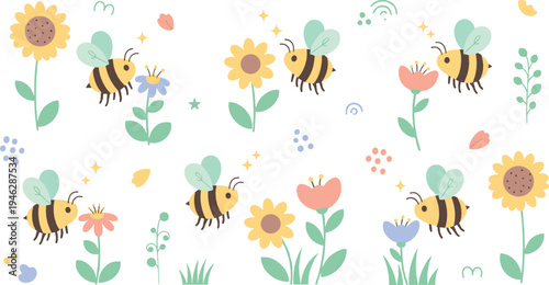 Cute cartoon bees flying around flowers and plants cheerful spring garden pollination vector illustration set