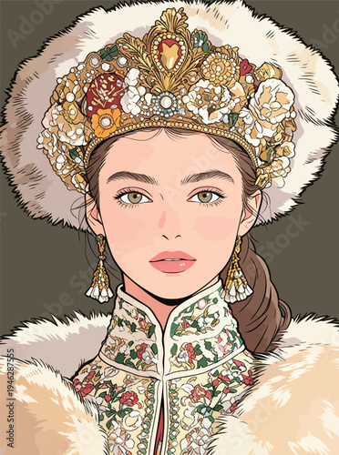 A young woman wears a detailed crown and a fur coat while posing against a simple background. She has an expressive look.