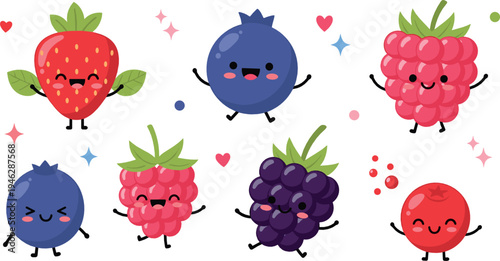Cute cartoon berry characters collection with strawberry blueberry raspberry blackberry and cherry adorable fruit mascots vector illustration set
