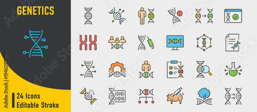 Diverse Vector Icon Set for Genetics and Biotechnology, Featuring DNA Strands, Chromosomes, Scientific Research, and Human Genome Concepts, Ideal for Biology and Medical Innovations