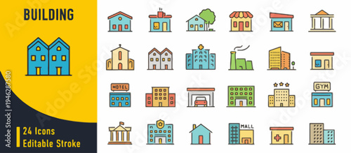 Collection of 24 editable stroke building icons for graphic design and web development