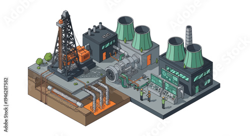 Industrial Power Plant and Oil Rig Complex Isometric View.