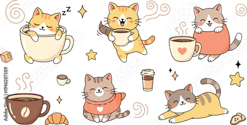 Cute cartoon cats enjoying coffee and tea cozy kawaii kitten characters with cups croissant and cafe drinks vector illustration set