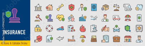 Insurance icons set, including house, car, umbrella, shield, and handshake icons, representing security and protection for various assets and risks