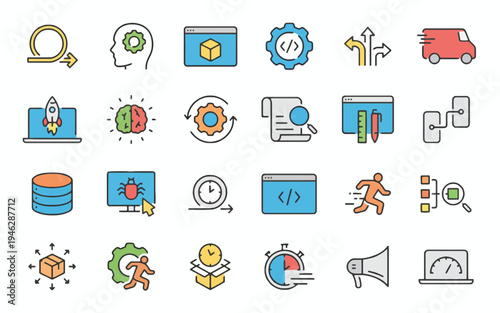 Agile and DevOps Workflow Icons Software Development, Project Management and Delivery