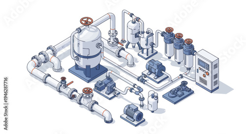 Industrial Water Treatment Plant Equipment and Machinery Illustration.