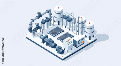 Industrial Water Treatment Plant Equipment Isometric View.