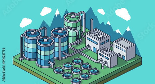 Industrial Water Treatment Plant with Storage Tanks and Processing Units.