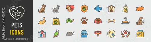 Set of Cute Pet Icons for Animal Lovers and Pet Care Businesses - Vector Illustration