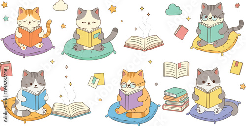 Cute cartoon cats reading books cozy study kittens with pillows and stacks of books vector illustration set
