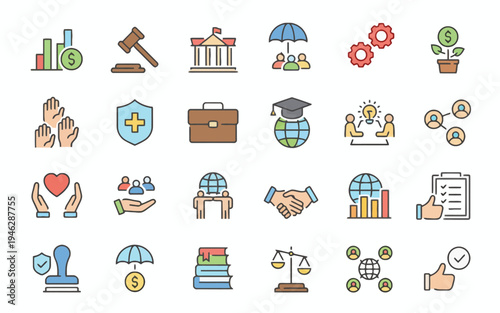Collection of diverse flat icons representing business, finance, law, education, and social responsibility themes for presentations and design projects